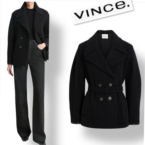VINCE Lofty Belted Double-Breasted Wool-Blend Pea Coat In Black Size S/P